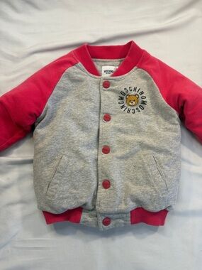 Moschino Kids Gray and Pink Bear Logo Snap-Up Jacket